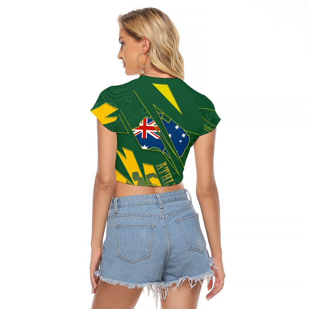 Australia Athletics Raglan Cropped T Shirt Australian Flag Map Track Runner Silhouette Green Gold