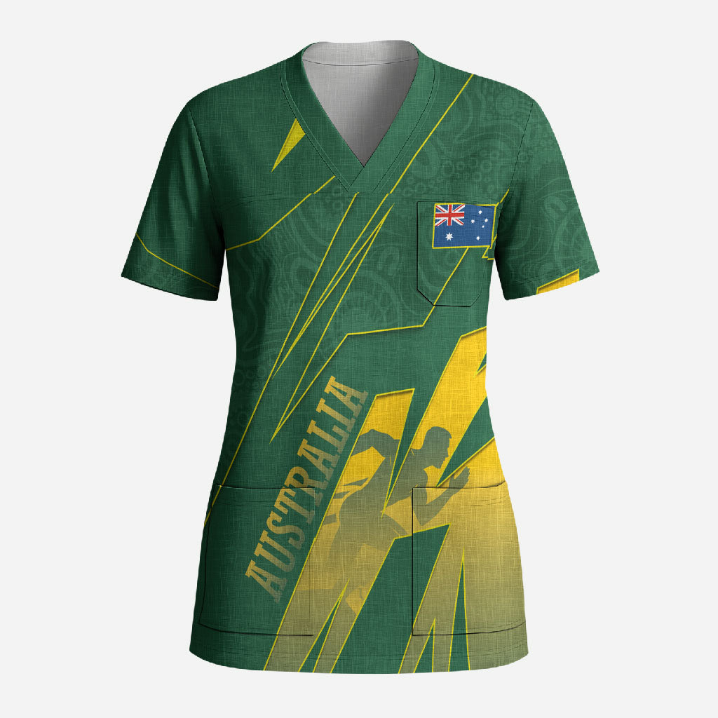 Australia Athletics Scrub Top Australian Flag Map Track Runner Silhouette Green Gold
