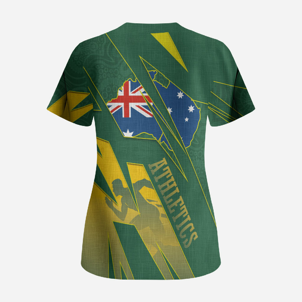 Australia Athletics Scrub Top Australian Flag Map Track Runner Silhouette Green Gold