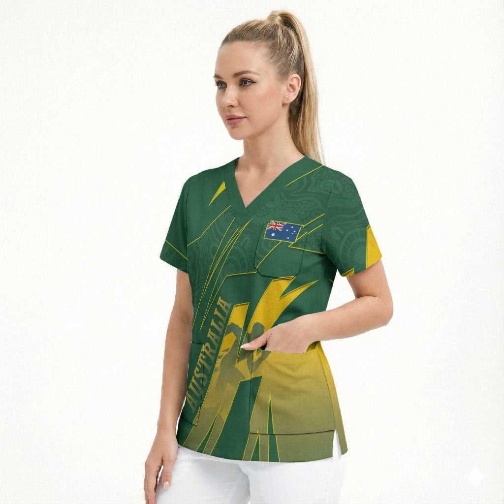Australia Athletics Scrub Top Australian Flag Map Track Runner Silhouette Green Gold