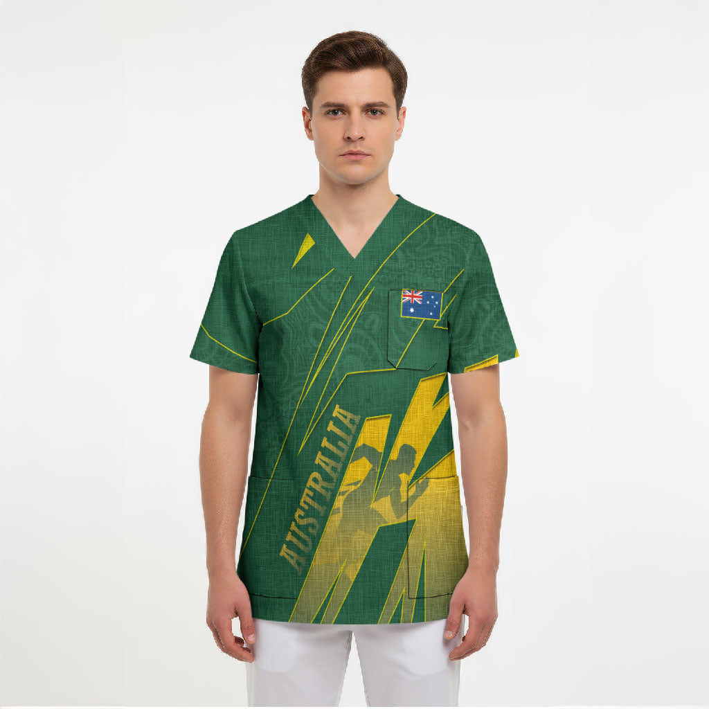 Australia Athletics Scrub Top Australian Flag Map Track Runner Silhouette Green Gold