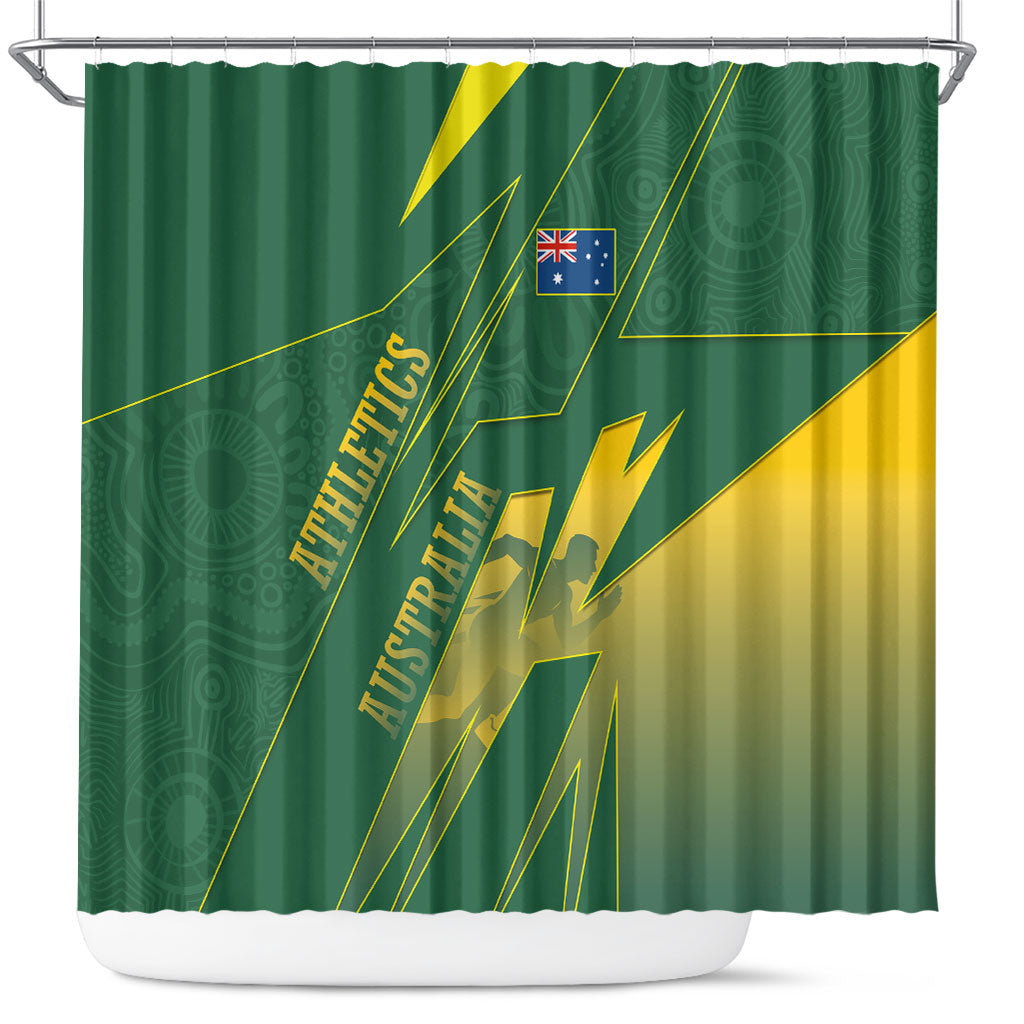 Australia Athletics Shower Curtain Australian Flag Map Track Runner Silhouette Green Gold
