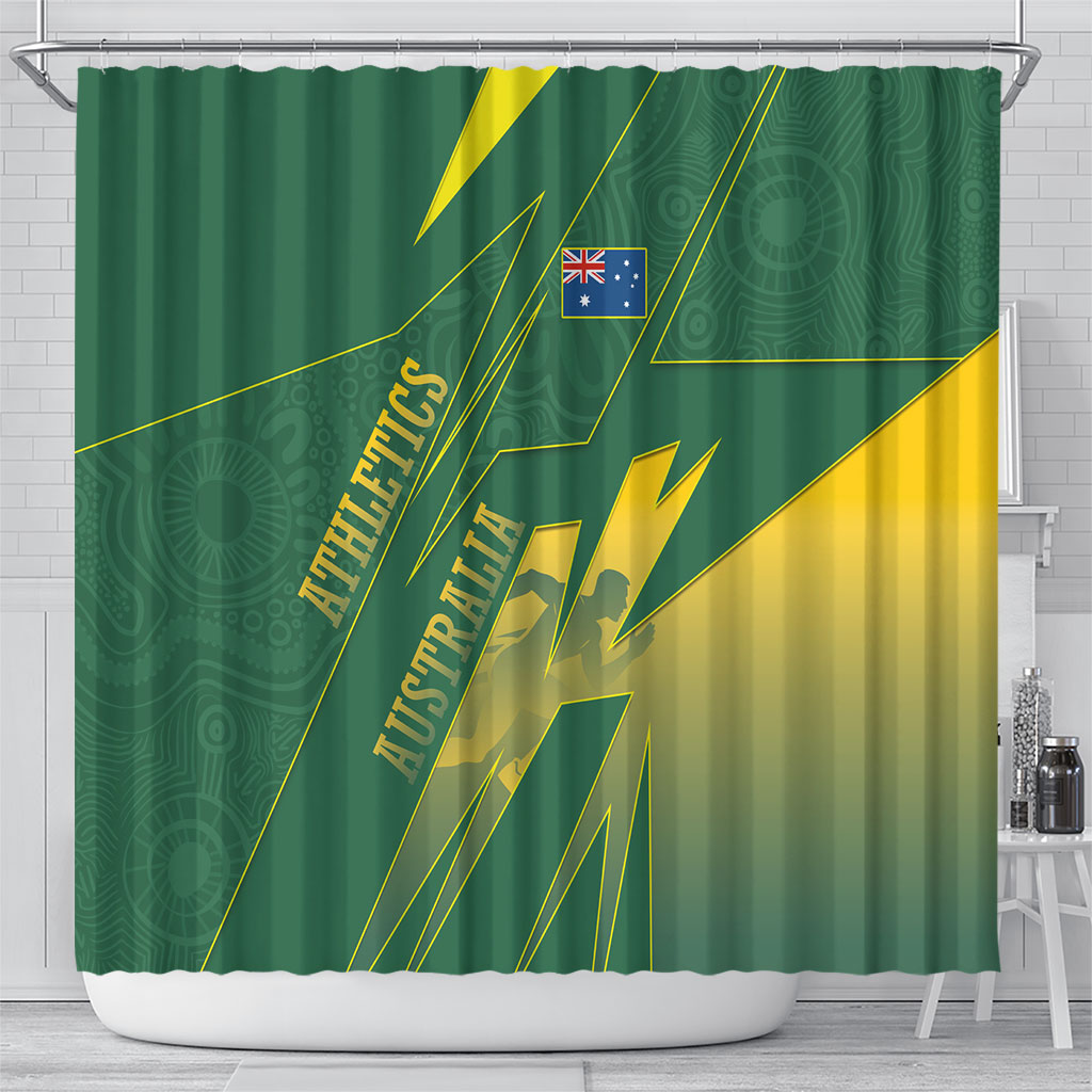 Australia Athletics Shower Curtain Australian Flag Map Track Runner Silhouette Green Gold