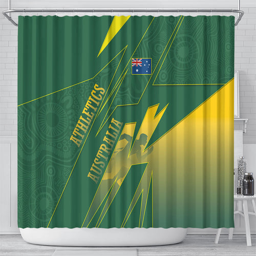 Australia Athletics Shower Curtain Australian Flag Map Track Runner Silhouette Green Gold