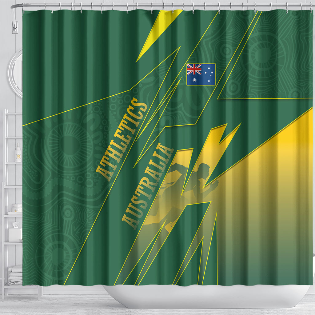 Australia Athletics Shower Curtain Australian Flag Map Track Runner Silhouette Green Gold