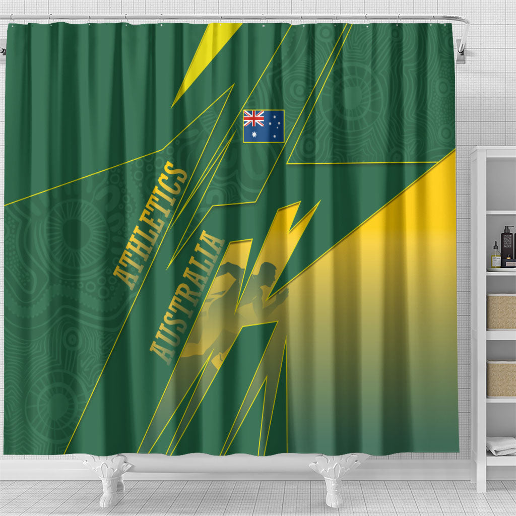 Australia Athletics Shower Curtain Australian Flag Map Track Runner Silhouette Green Gold