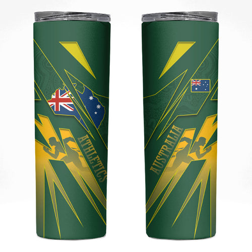 Australia Athletics Skinny Tumbler Australian Flag Map Track Runner Silhouette Green Gold
