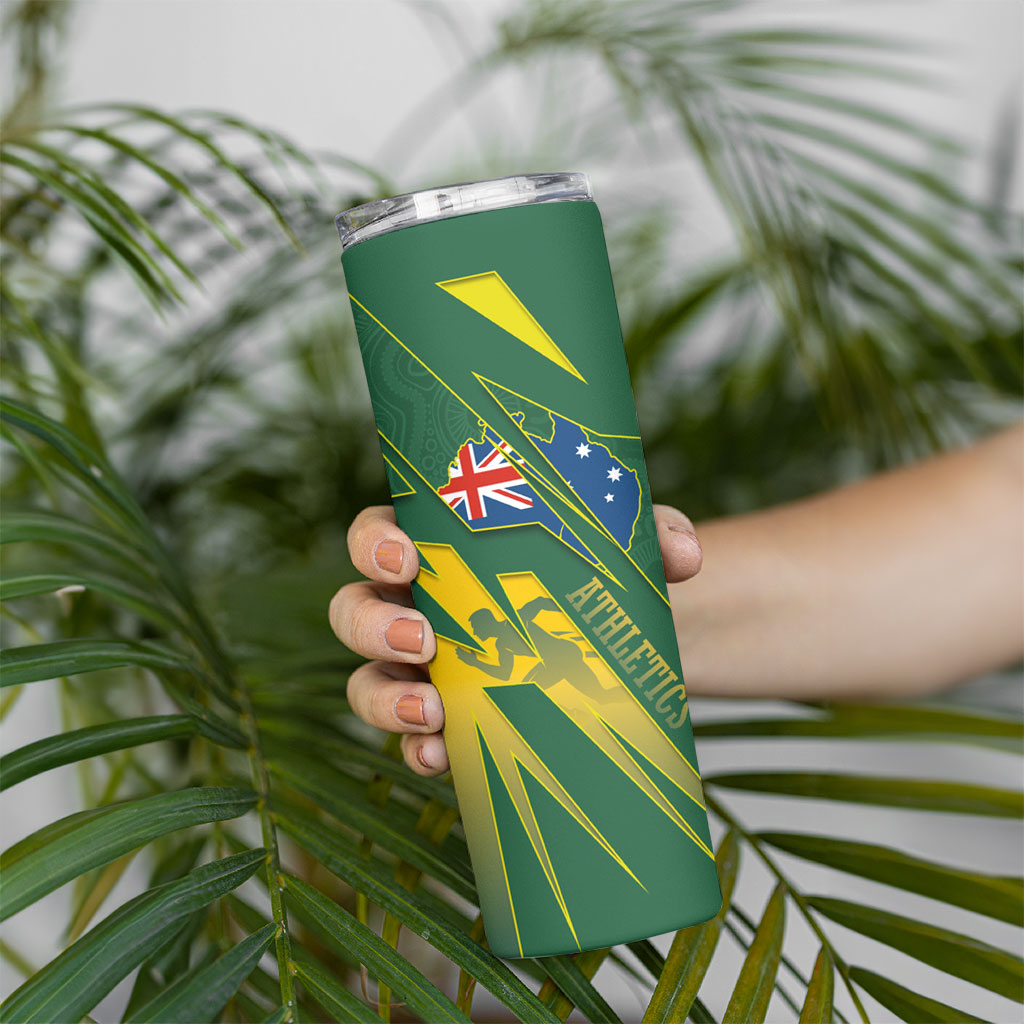 Australia Athletics Skinny Tumbler Australian Flag Map Track Runner Silhouette Green Gold