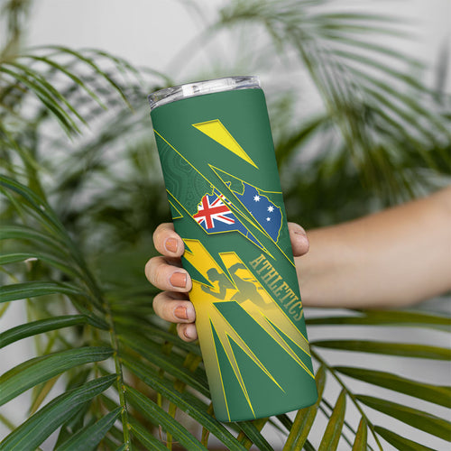 Australia Athletics Skinny Tumbler Australian Flag Map Track Runner Silhouette Green Gold