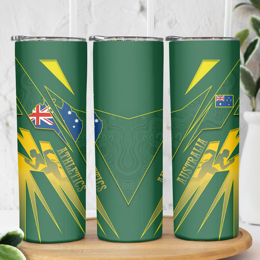 Australia Athletics Skinny Tumbler Australian Flag Map Track Runner Silhouette Green Gold