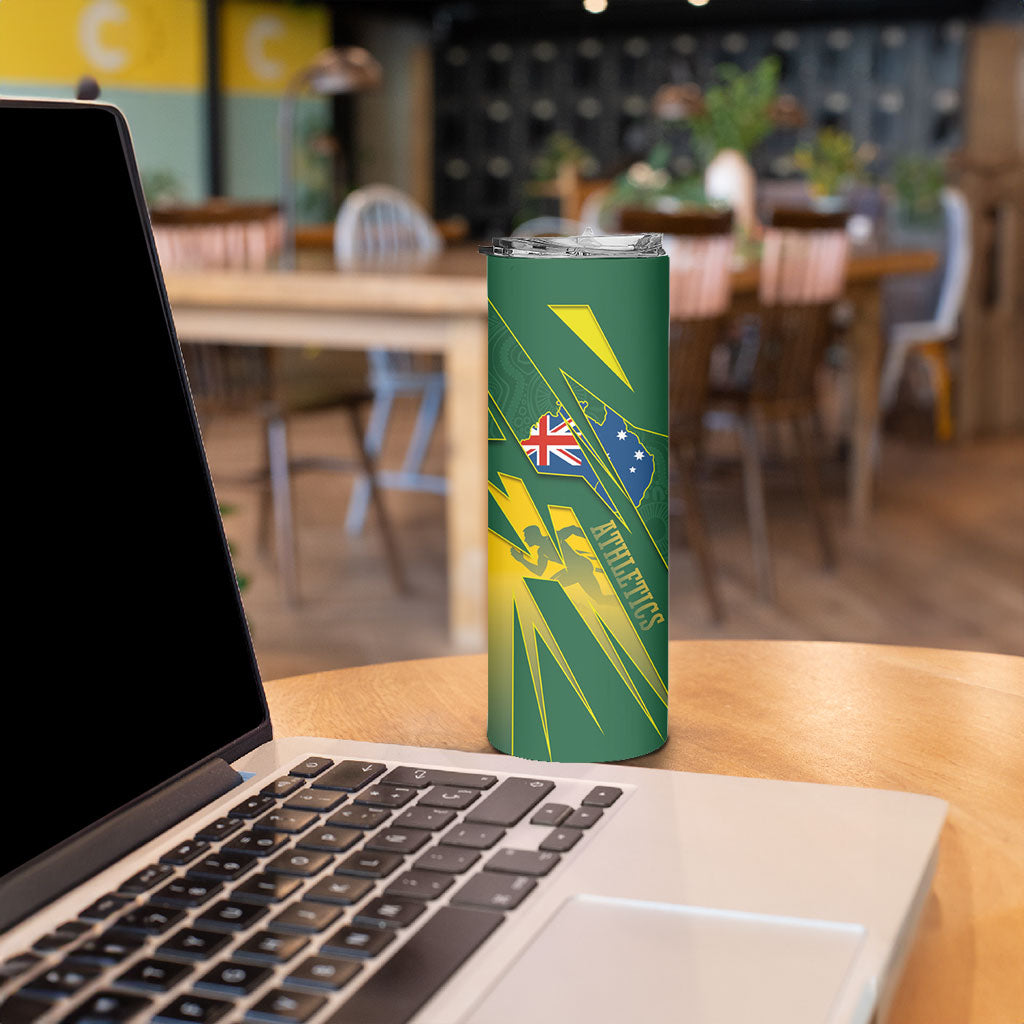 Australia Athletics Skinny Tumbler Australian Flag Map Track Runner Silhouette Green Gold