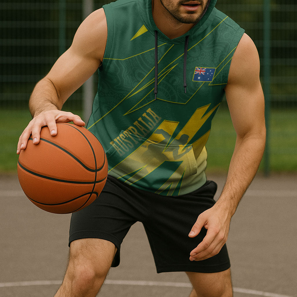 Australia Athletics Sleeveless Hoodie Australian Flag Map Track Runner Silhouette Green Gold