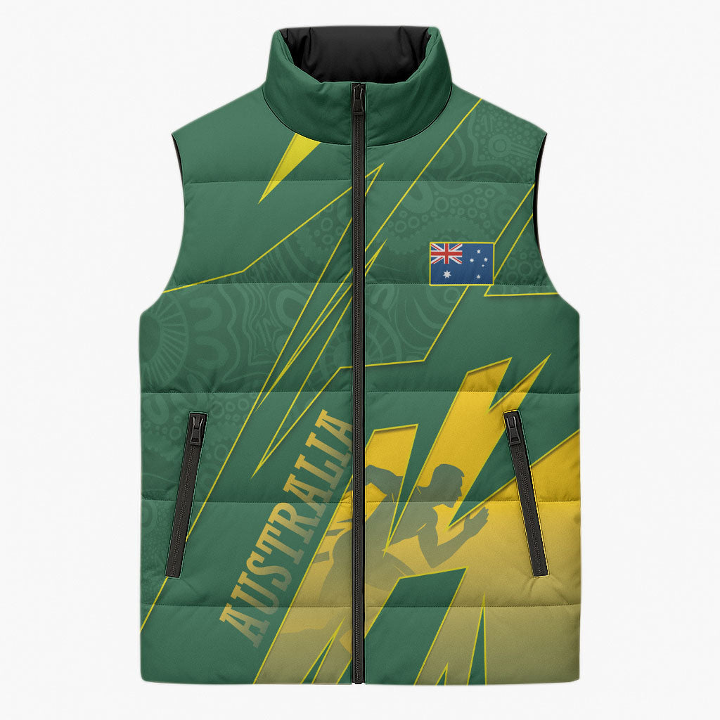 Australia Athletics Sleeveless Puffer Jacket Australian Flag Map Track Runner Silhouette Green Gold