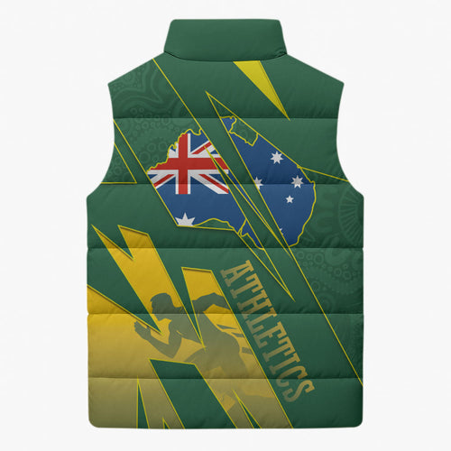 Australia Athletics Sleeveless Puffer Jacket Australian Flag Map Track Runner Silhouette Green Gold