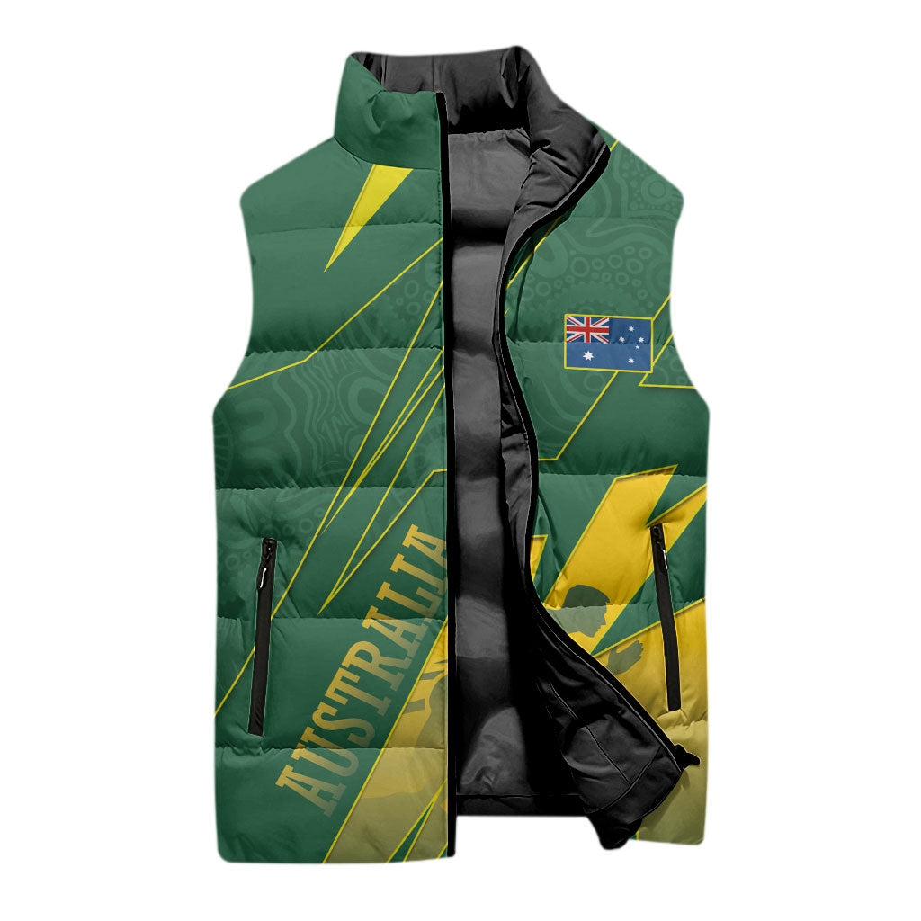 Australia Athletics Sleeveless Puffer Jacket Australian Flag Map Track Runner Silhouette Green Gold