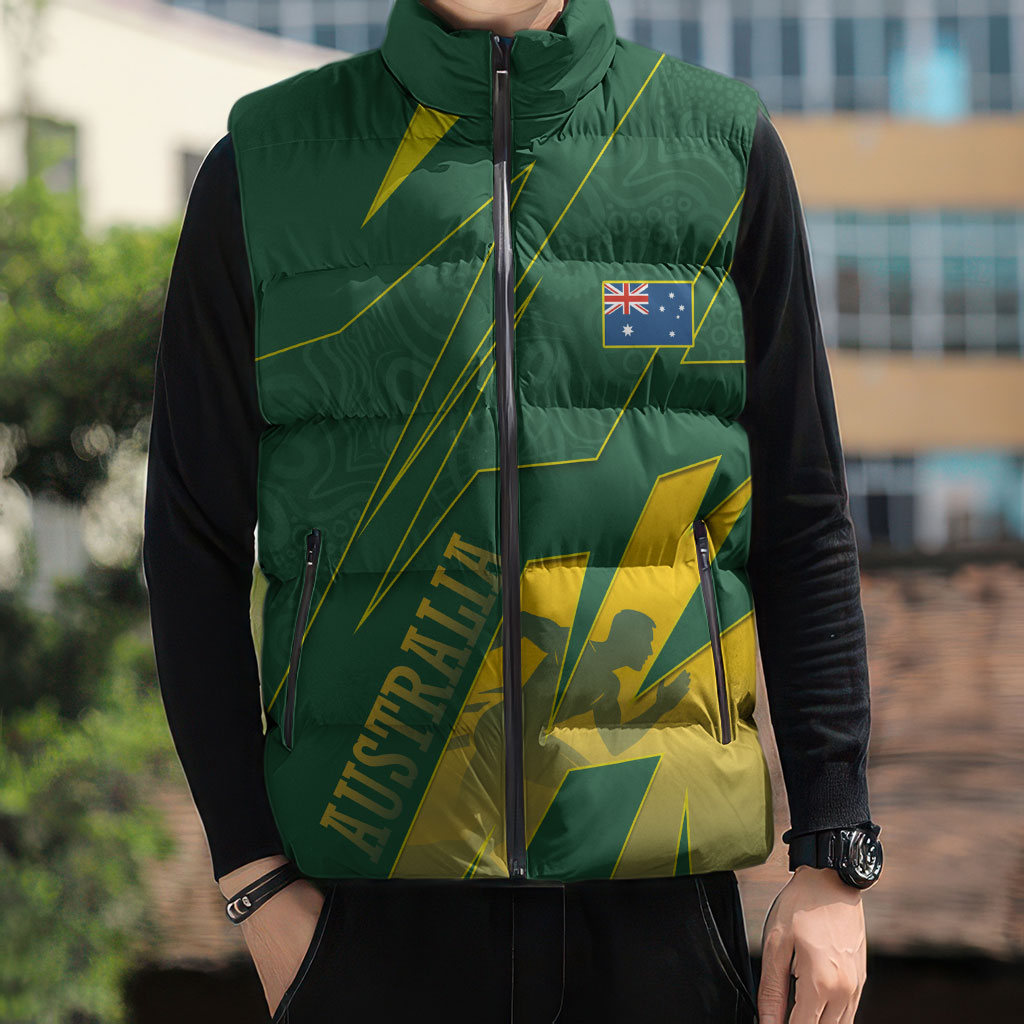 Australia Athletics Sleeveless Puffer Jacket Australian Flag Map Track Runner Silhouette Green Gold