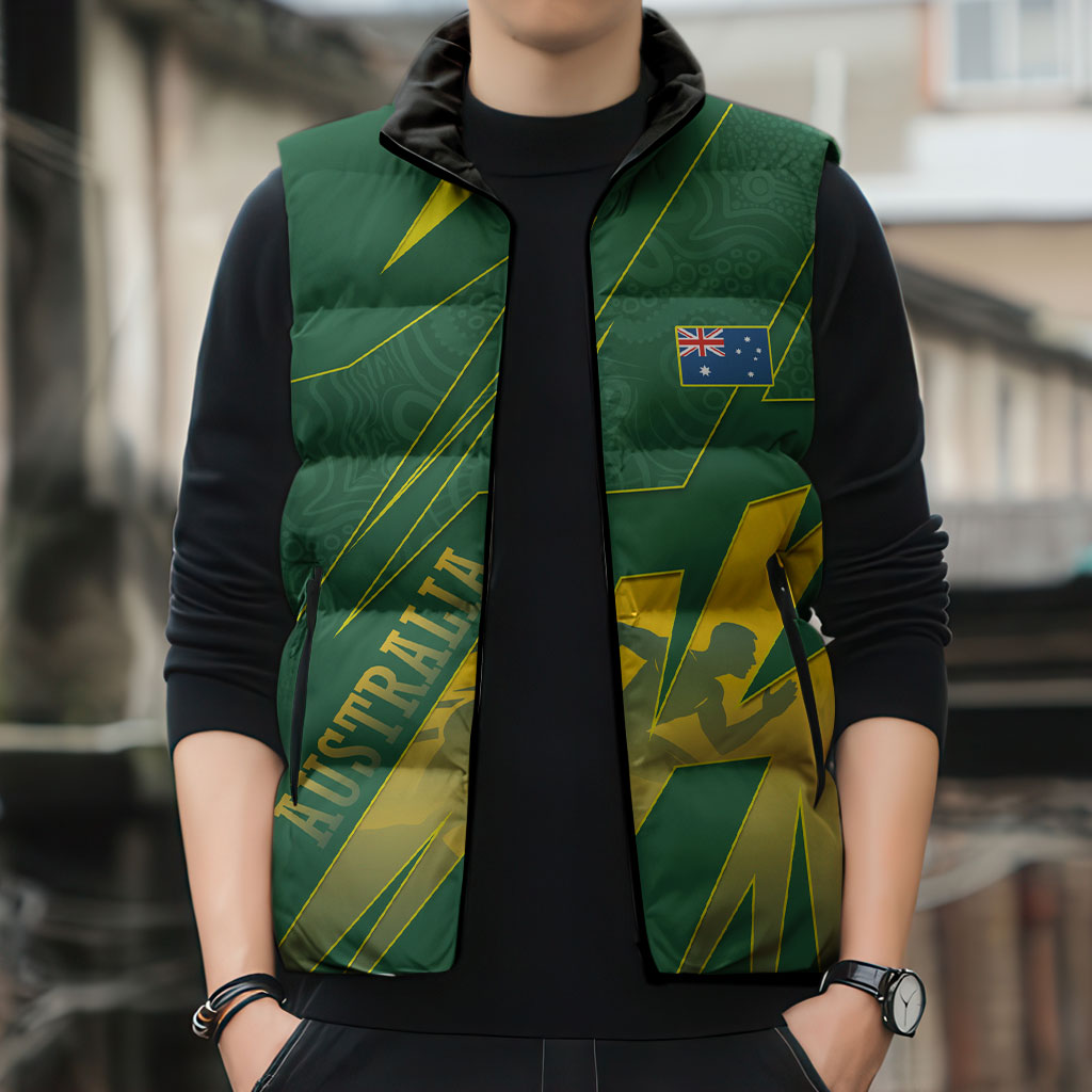 Australia Athletics Sleeveless Puffer Jacket Australian Flag Map Track Runner Silhouette Green Gold