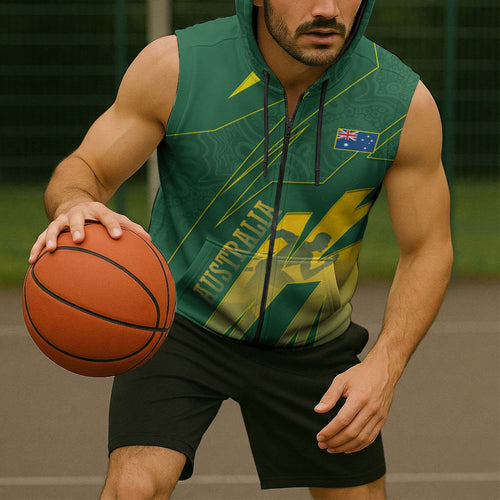 Australia Athletics Sleeveless Zip Hoodie Australian Flag Map Track Runner Silhouette Green Gold