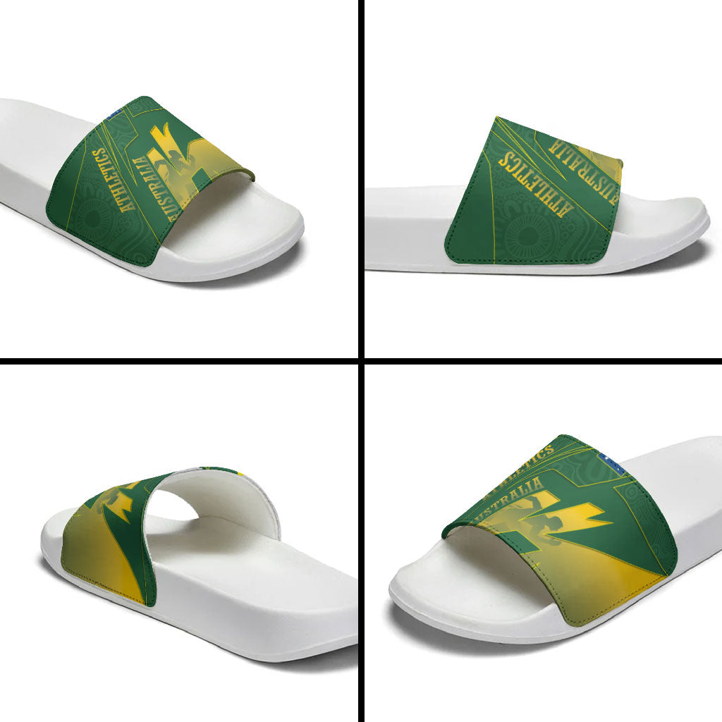 Australia Athletics Slide Sandals Australian Flag Map Track Runner Silhouette Green Gold