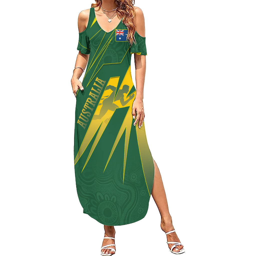 Australia Athletics Summer Maxi Dress Australian Flag Map Track Runner Silhouette Green Gold