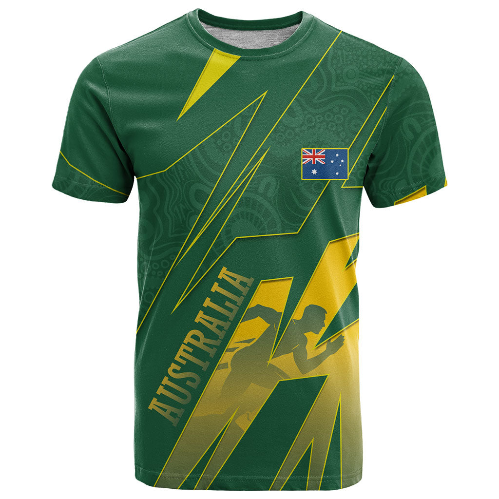 Australia Athletics T Shirt Australian Flag Map Track Runner Silhouette Green Gold