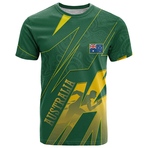 Australia Athletics T Shirt Australian Flag Map Track Runner Silhouette Green Gold