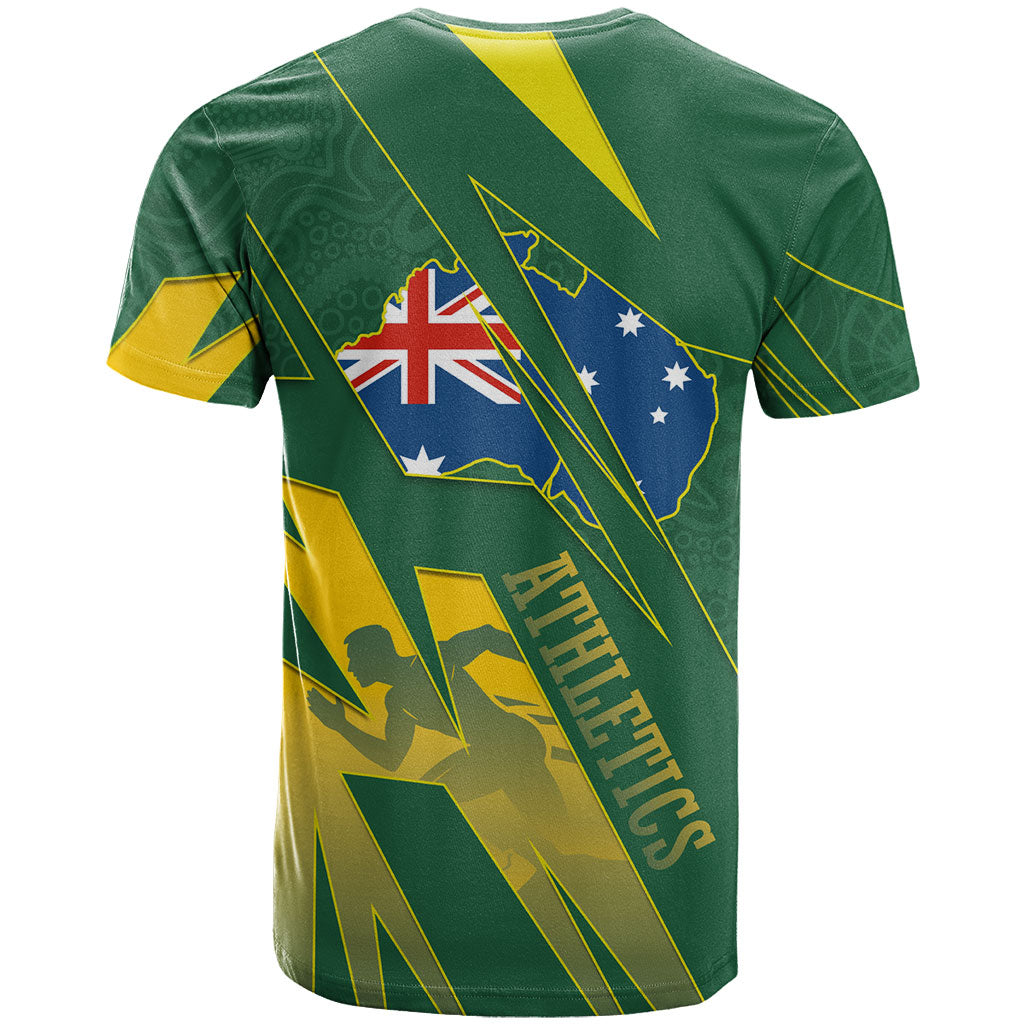 Australia Athletics T Shirt Australian Flag Map Track Runner Silhouette Green Gold