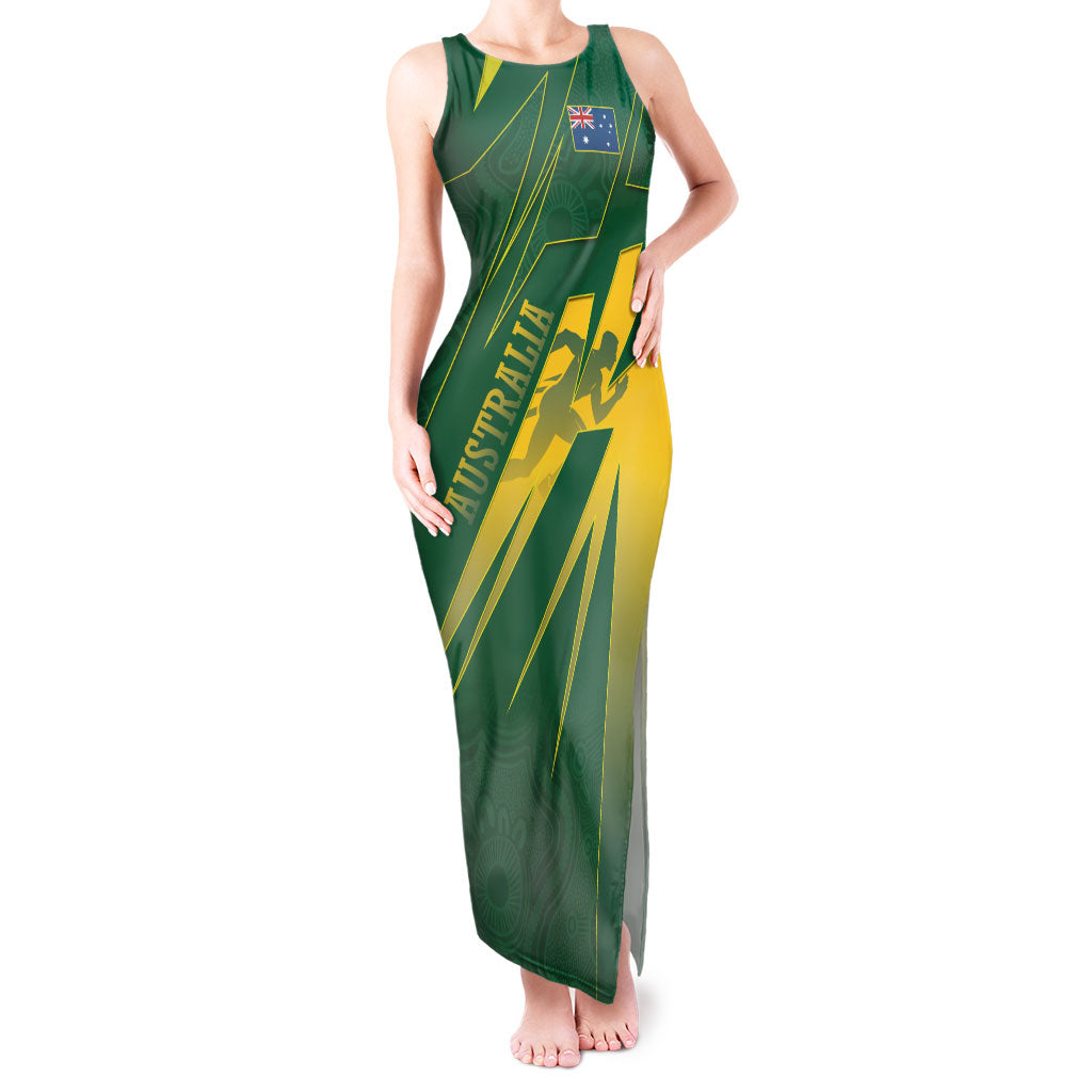 Australia Athletics Tank Maxi Dress Australian Flag Map Track Runner Silhouette Green Gold