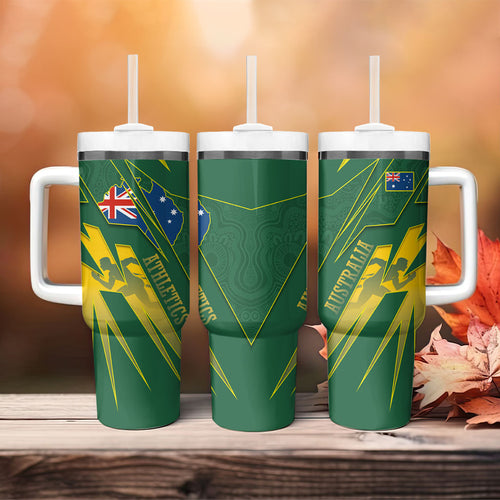 Australia Athletics Tumbler With Handle Australian Flag Map Track Runner Silhouette Green Gold
