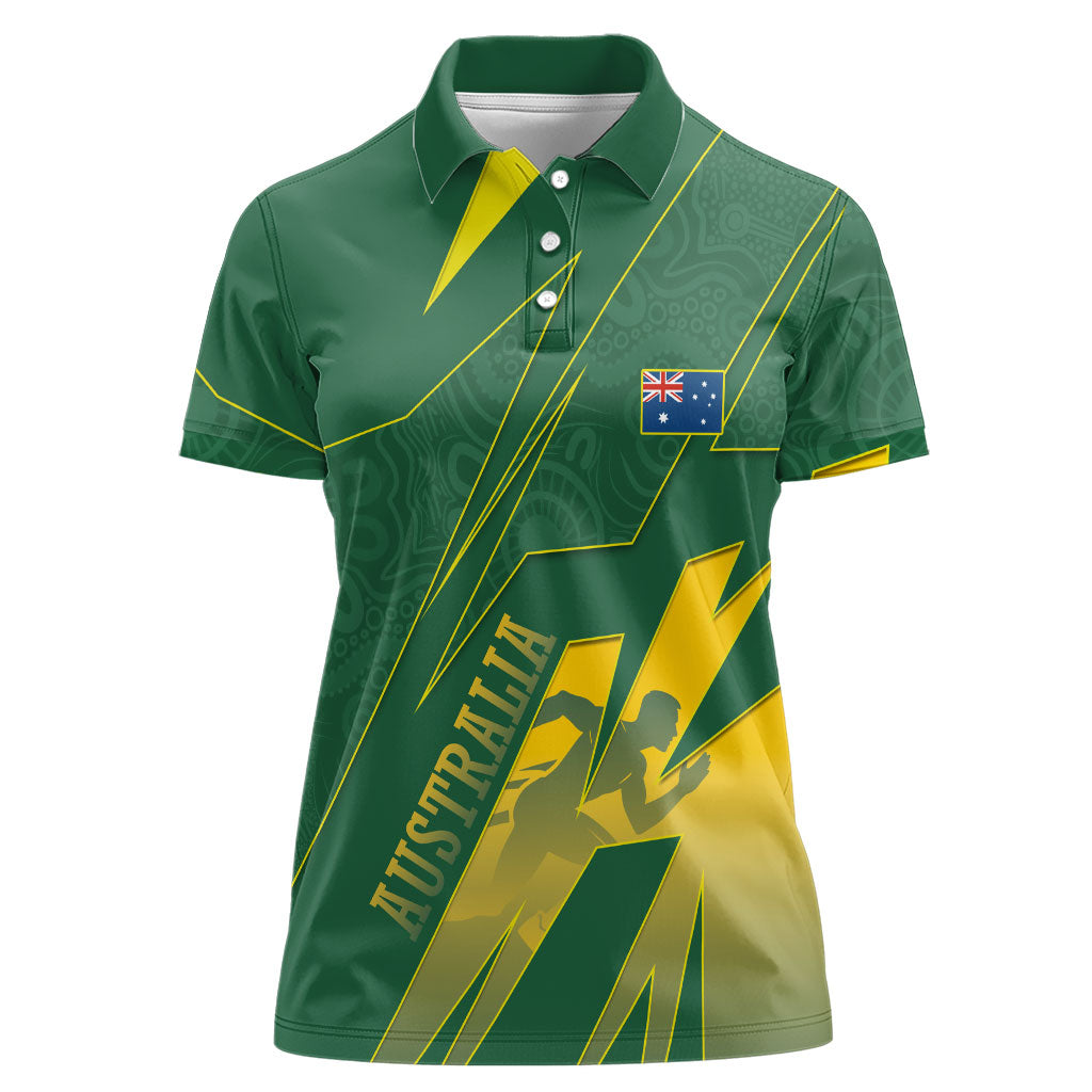 Australia Athletics Women Polo Shirt Australian Flag Map Track Runner Silhouette Green Gold
