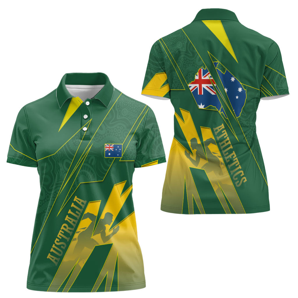 Australia Athletics Women Polo Shirt Australian Flag Map Track Runner Silhouette Green Gold