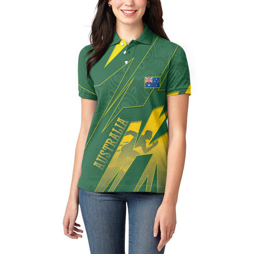 Australia Athletics Women Polo Shirt Australian Flag Map Track Runner Silhouette Green Gold