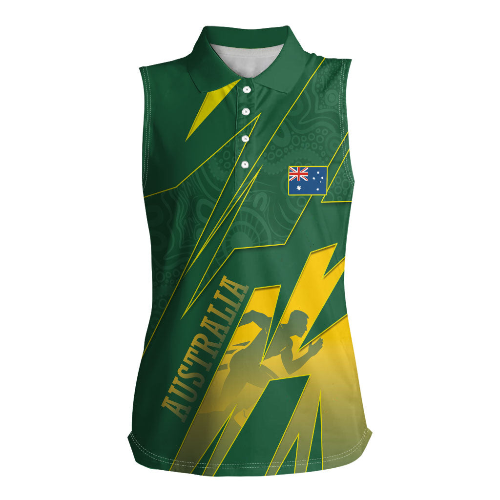 Australia Athletics Women Sleeveless Polo Shirt Australian Flag Map Track Runner Silhouette Green Gold