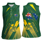 Australia Athletics Women Sleeveless Polo Shirt Australian Flag Map Track Runner Silhouette Green Gold