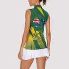 Australia Athletics Women Sleeveless Polo Shirt Australian Flag Map Track Runner Silhouette Green Gold