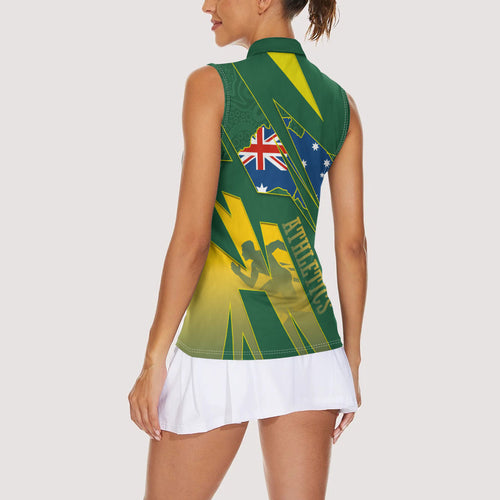 Australia Athletics Women Sleeveless Polo Shirt Australian Flag Map Track Runner Silhouette Green Gold