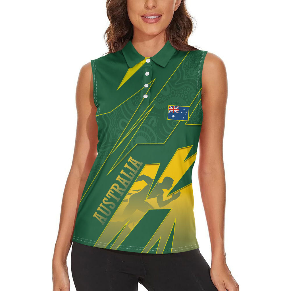Australia Athletics Women Sleeveless Polo Shirt Australian Flag Map Track Runner Silhouette Green Gold