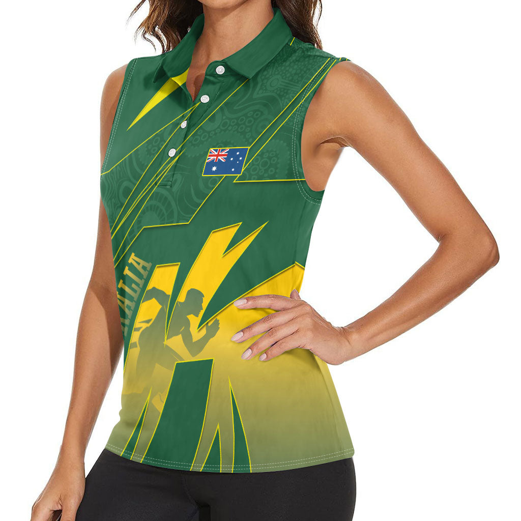Australia Athletics Women Sleeveless Polo Shirt Australian Flag Map Track Runner Silhouette Green Gold