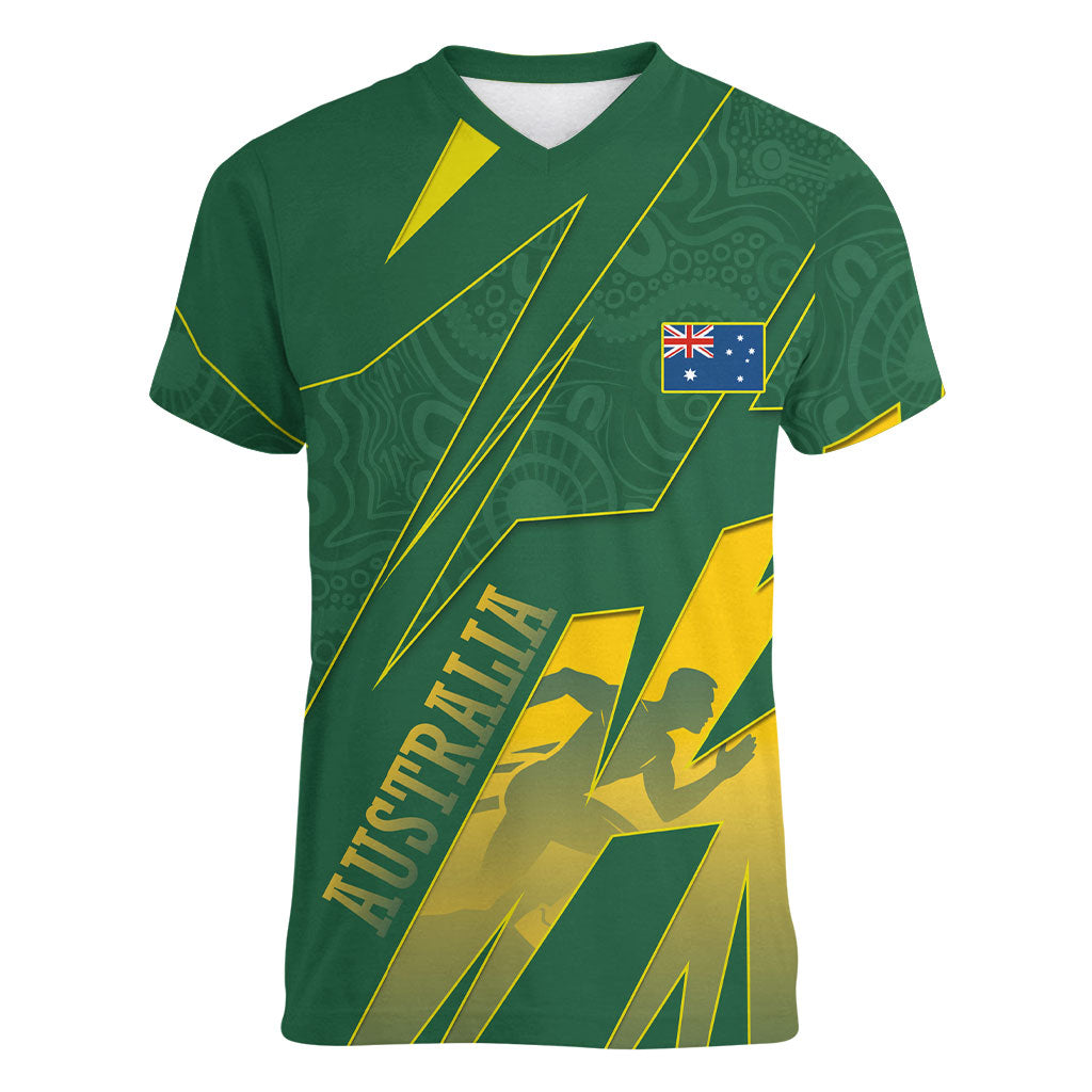 Australia Athletics Women V-Neck T-Shirt Australian Flag Map Track Runner Silhouette Green Gold