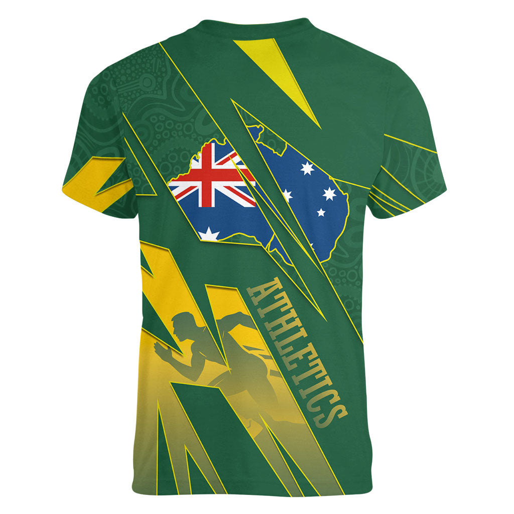 Australia Athletics Women V-Neck T-Shirt Australian Flag Map Track Runner Silhouette Green Gold