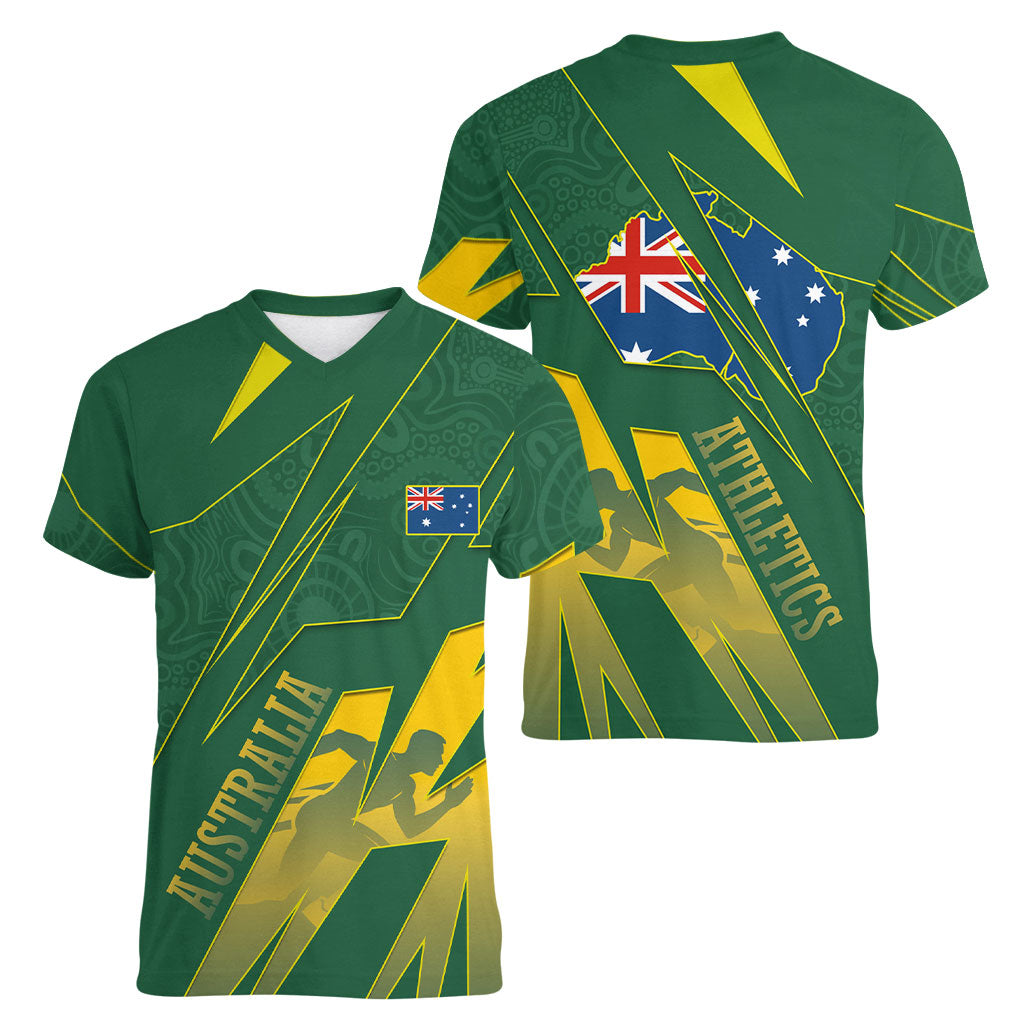 Australia Athletics Women V-Neck T-Shirt Australian Flag Map Track Runner Silhouette Green Gold