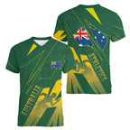 Australia Athletics Women V-Neck T-Shirt Australian Flag Map Track Runner Silhouette Green Gold