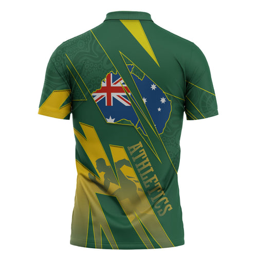 Australia Athletics Zipper Polo Shirt Australian Flag Map Track Runner Silhouette Green Gold