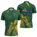 Australia Athletics Zipper Polo Shirt Australian Flag Map Track Runner Silhouette Green Gold