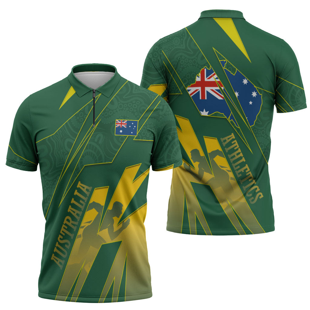 Australia Athletics Zipper Polo Shirt Australian Flag Map Track Runner Silhouette Green Gold