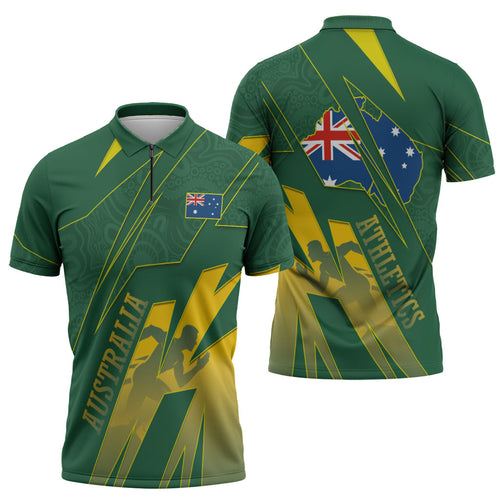 Australia Athletics Zipper Polo Shirt Australian Flag Map Track Runner Silhouette Green Gold