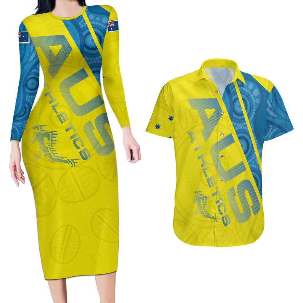 Australian Athletics Couples Matching Long Sleeve Bodycon Dress and Hawaiian Shirt Modern Indigenous Circle Pattern Sport Art