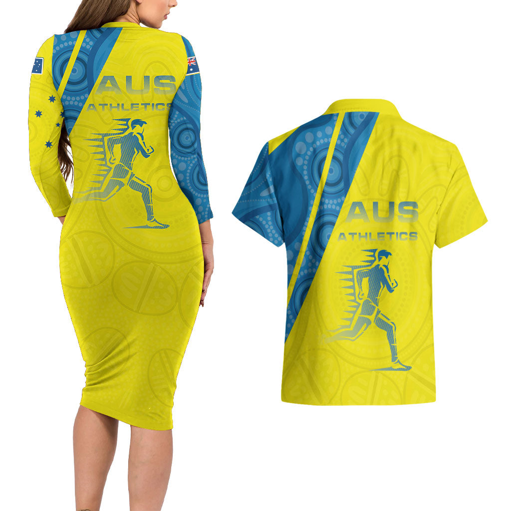 Australian Athletics Couples Matching Long Sleeve Bodycon Dress and Hawaiian Shirt Modern Indigenous Circle Pattern Sport Art
