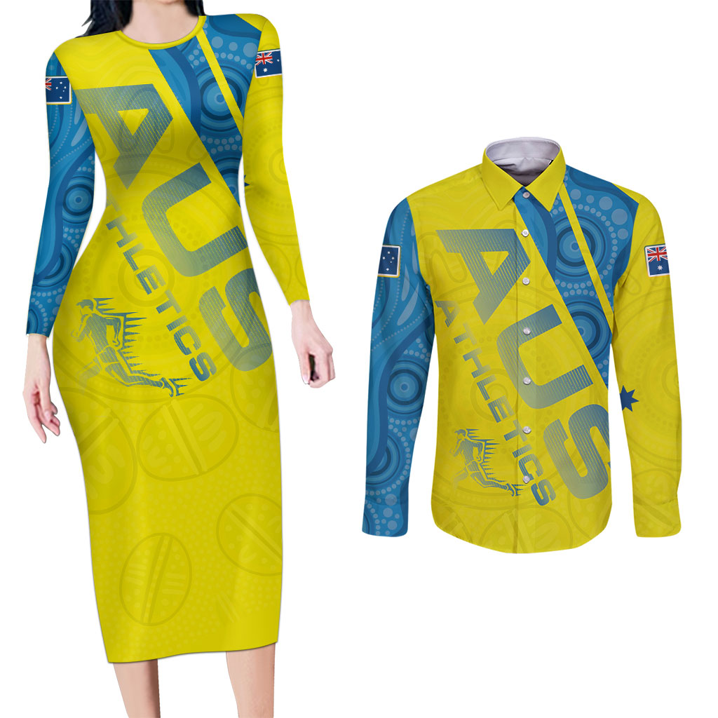 Australian Athletics Couples Matching Long Sleeve Bodycon Dress and Long Sleeve Button Shirt Modern Indigenous Circle Pattern Sport Art