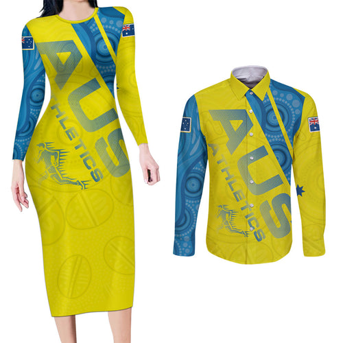 Australian Athletics Couples Matching Long Sleeve Bodycon Dress and Long Sleeve Button Shirt Modern Indigenous Circle Pattern Sport Art